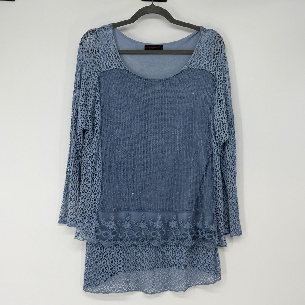 Seduzione Italy Blue Lace Mesh Layered Top One Size Boho Lagenlook